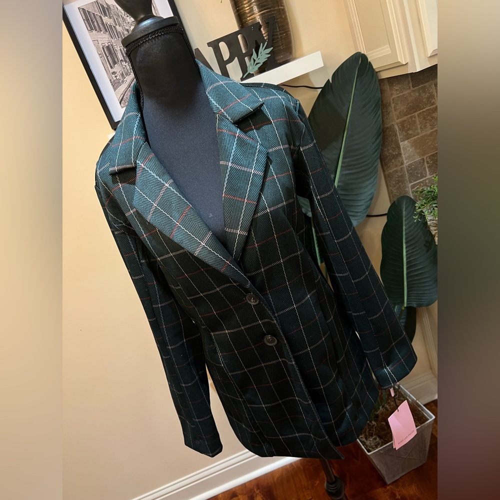Avec Les Filles Plaid Green Single-Breated Oversized Blazer XXS